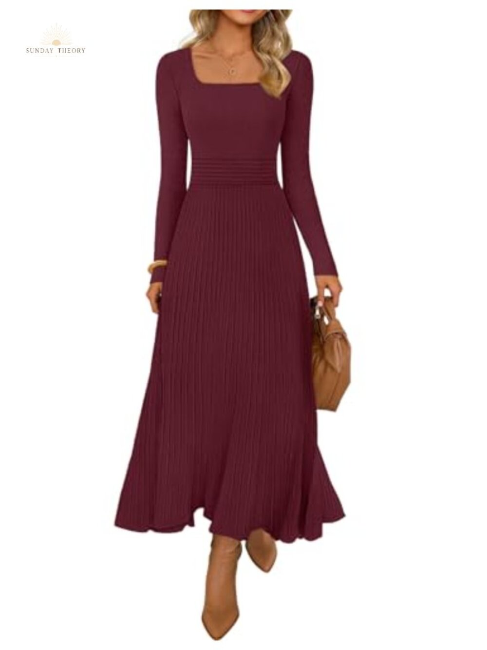 MEROKEETY Women's Sweater Dress Long Sleeve Square Neck Midi A-Line Knit